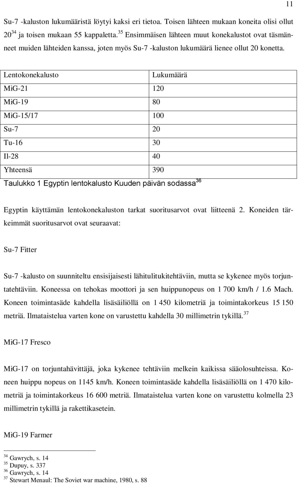 Lentokonekalusto Lukumäärä MiG-21 120 MiG-19 80 MiG-15/17 100 Su-7 20 Tu-16 30 Il-28 40 Yhteensä 390 Taulukko 1 Egyptin lentokalusto Kuuden päivän sodassa 36 Egyptin käyttämän lentokonekaluston