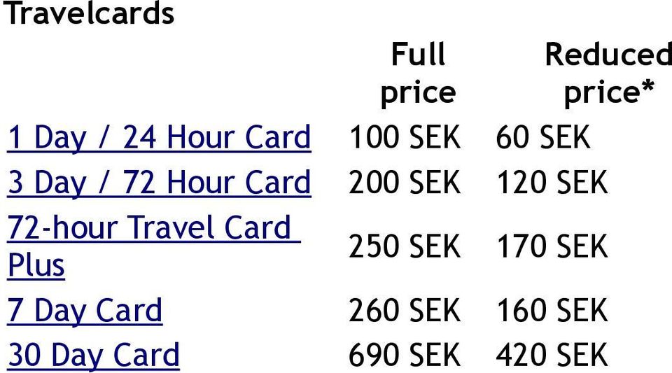 SEK 120 SEK 72-hour Travel Card Plus 250 SEK 170