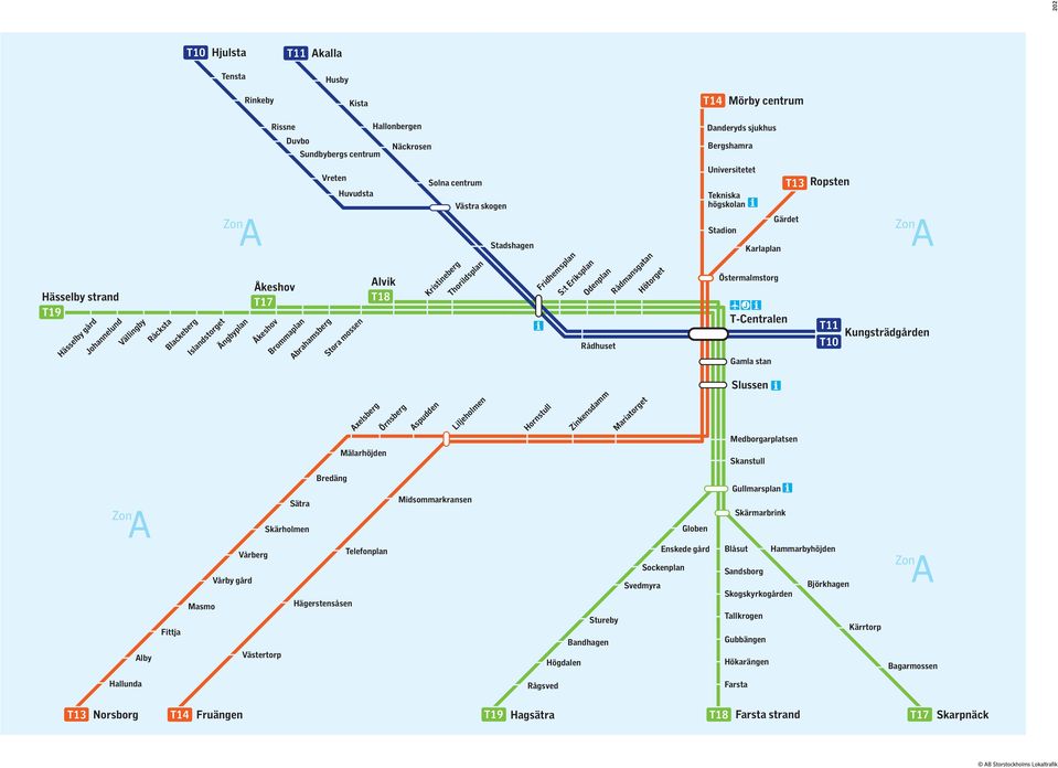 Thorildsplan Stadshagen Fridhemsplan Rådhuset S:t Eriksplan Odenplan Rådmansgatan Hötorget Universitetet Tekniska högskolan Stadion Karlaplan Östermalmstorg T-Centralen Gamla stan T13 Ropsten Gärdet