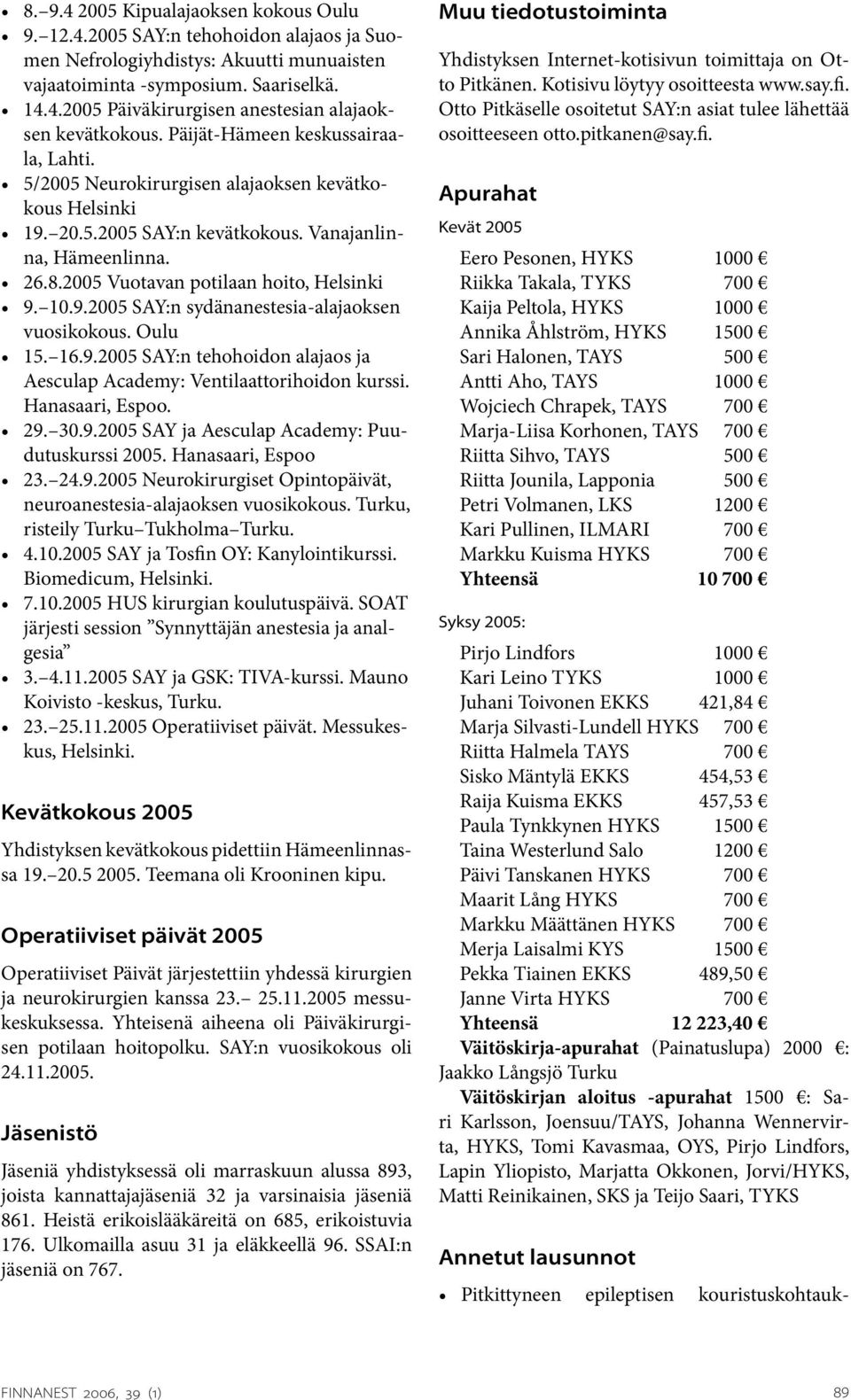 10.9.2005 SAY:n sydänanestesia-alajaoksen vuosikokous. Oulu 15. 16.9.2005 SAY:n tehohoidon alajaos ja Aesculap Academy: Ventilaattorihoidon kurssi. Hanasaari, Espoo. 29. 30.9.2005 SAY ja Aesculap Academy: Puudutuskurssi 2005.