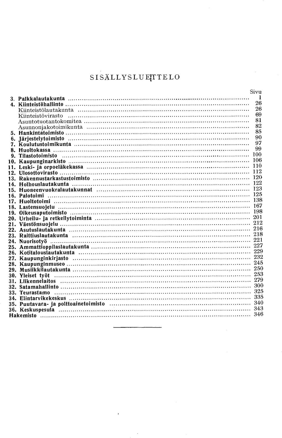 Huoneenvuokralautakunnat 16. Palotoimi 17. Huoltotoimi 18. Lastensuojelu 19. Oikeusaputoimisto 20. Urheilu- ja retkeilytoiminta 21. Väestönsuojelu 22. Asutuslautakunta 23. Raittiuslautakunta 24.