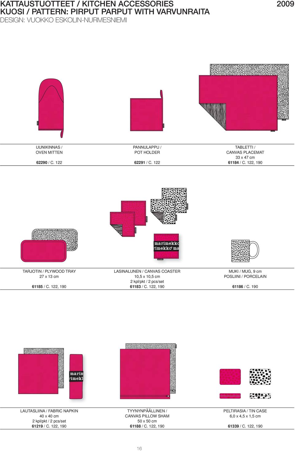 122, 190 LASINALUNEN / CANVAS COASTER 10,5 x 10,5 cm 2 kpl/pkt / 2 pcs/set 61183 / C. 122, 190 MUKI / MUG, 9 cm 61186 / C.