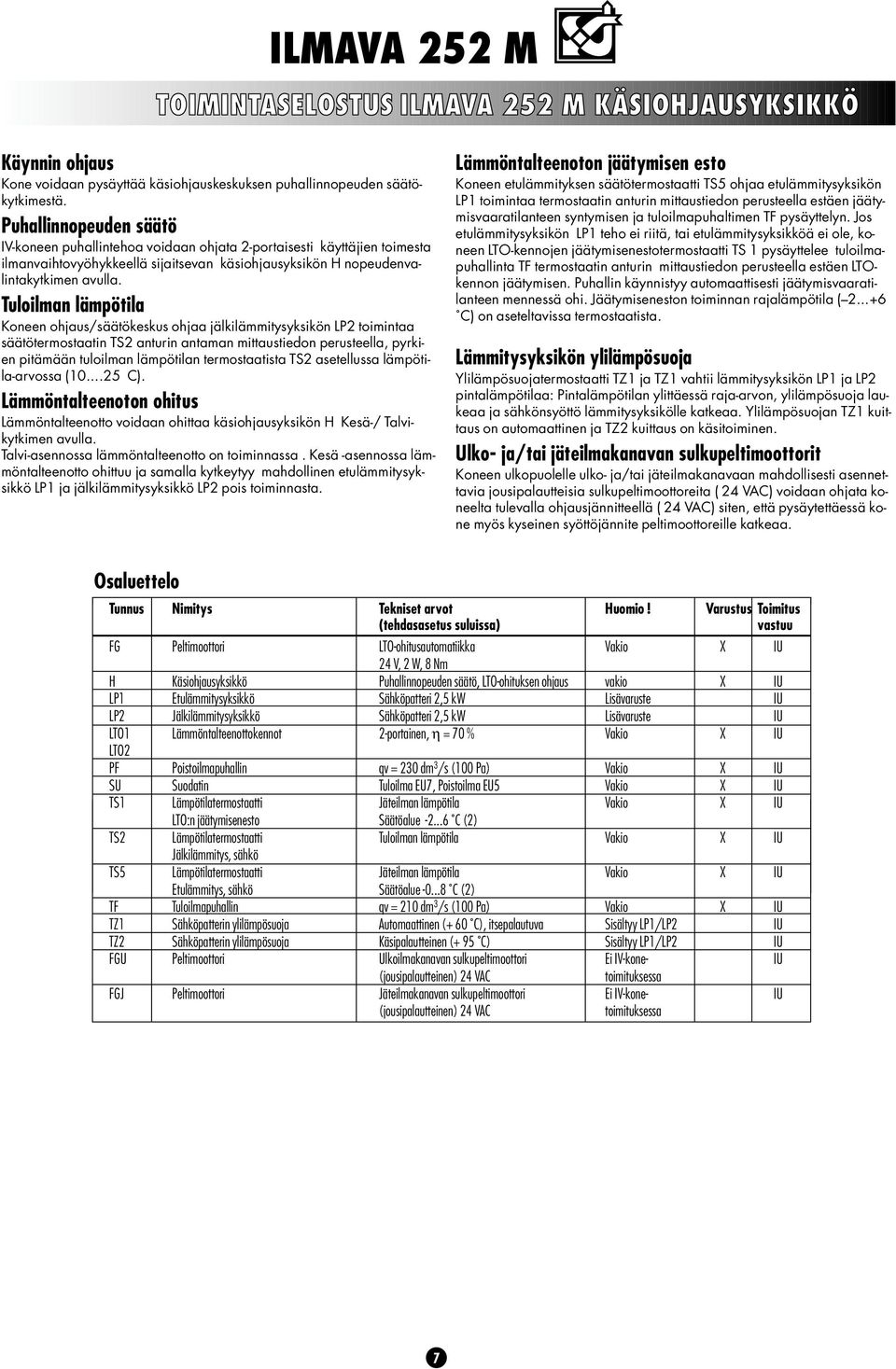 Tuloilman lämpötila Koneen ohjaus/säätökeskus ohjaa jälkilämmitysyksikön LP2 toimintaa säätötermostaatin TS2 anturin antaman mittaustiedon perusteella, pyrkien pitämään tuloilman lämpötilan