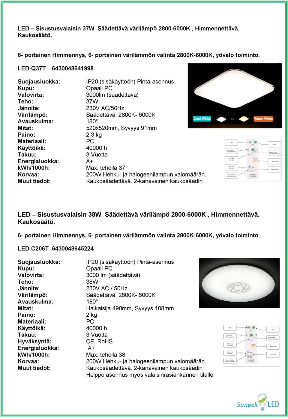 teholla 37 200W Hehku- ja halogeenilampun valomäärän. LED Sisustusvalaisin 38W Säädettävä värilämpö 2800-6000K, Himmennettävä.