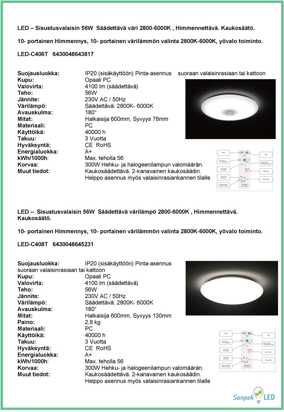 teholla 56 300W Hehku- ja halogeenilampun valomäärän. LED Sisustusvalaisin 56W Säädettävä värilämpö 2800-6000K, Himmennettävä.