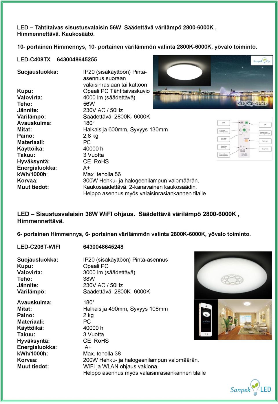 kwh/1000h: Max. teholla 56 300W Hehku- ja halogeenilampun valomäärän. LED Sisustusvalaisin 38W WiFI ohjaus. Säädettävä värilämpö 2800-6000K, Himmennettävä.