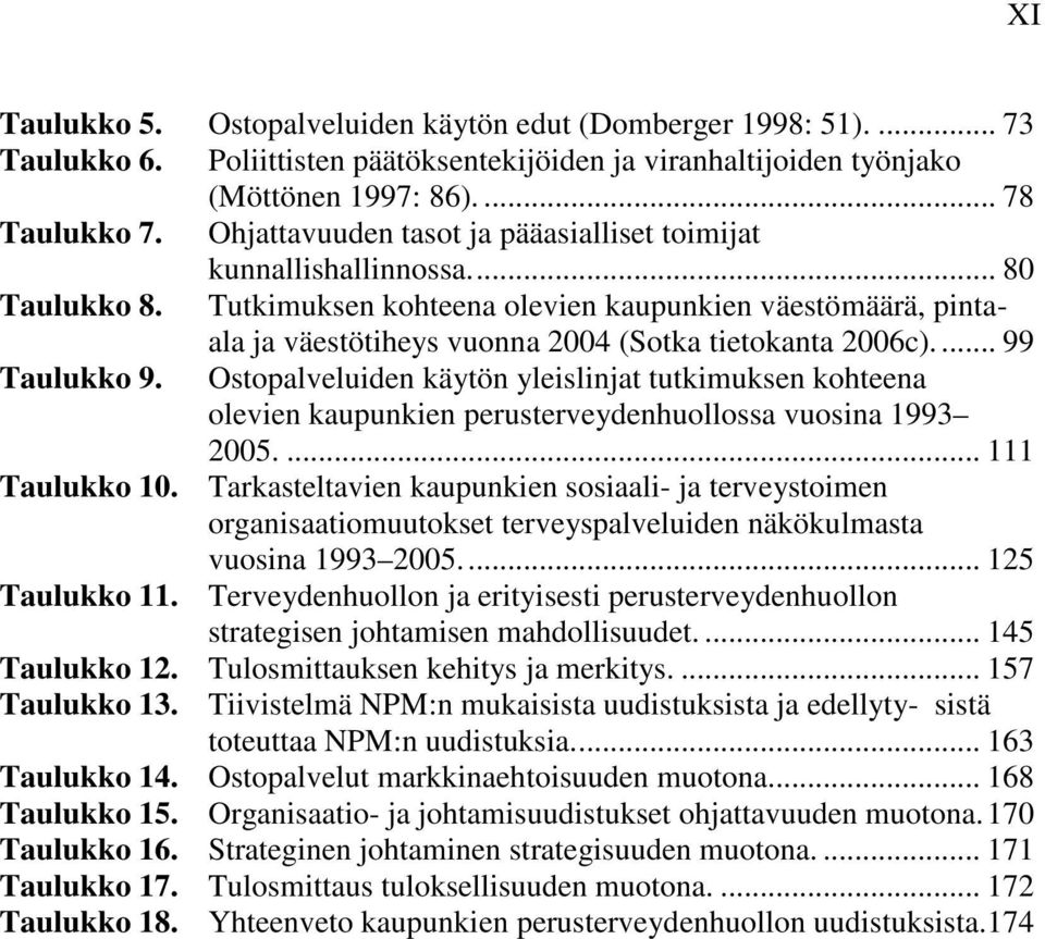 ... 99 Taulukko 9. Ostopalveluiden käytön yleislinjat tutkimuksen kohteena olevien kaupunkien perusterveydenhuollossa vuosina 1993 2005.... 111 Taulukko 10.