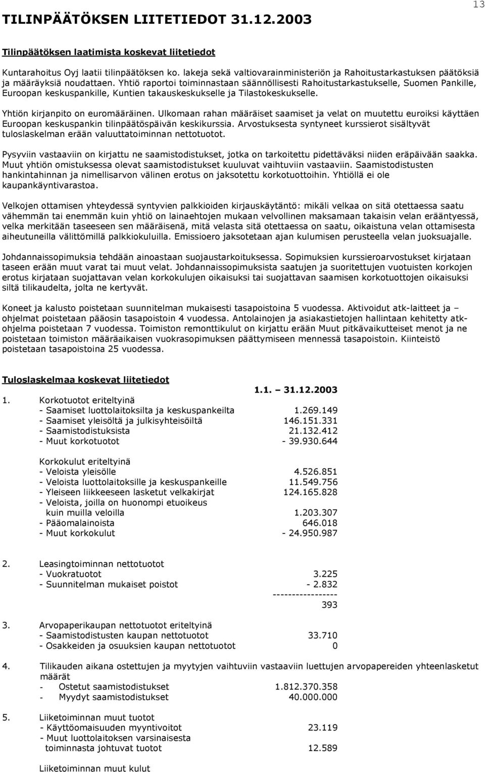 Yhtiö raportoi toiminnastaan säännöllisesti Rahoitustarkastukselle, Suomen Pankille, Euroopan keskuspankille, Kuntien takauskeskukselle ja Tilastokeskukselle. Yhtiön kirjanpito on euromääräinen.