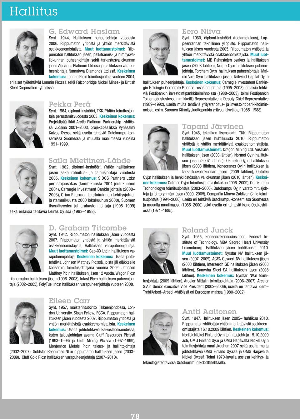 Namakwa Diamonds Ltd:ssä. Keskeinen kokemus: Lonmin Plc:n toimitusjohtaja vuoteen 2004, erilaiset työtehtävät Lonmin Plc:ssä sekä Falconbridge Nickel Mines- ja British Steel Corporation -yhtiöissä.