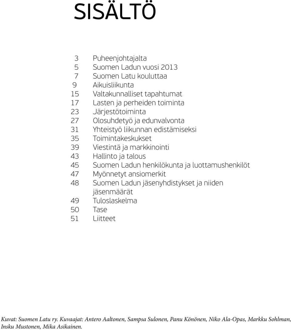 Suomen Ladun henkilökunta ja luottamushenkilöt 47 Myönnetyt ansiomerkit 48 Suomen Ladun jäsenyhdistykset ja niiden jäsenmäärät 49 Tuloslaskelma 50 Tase 51