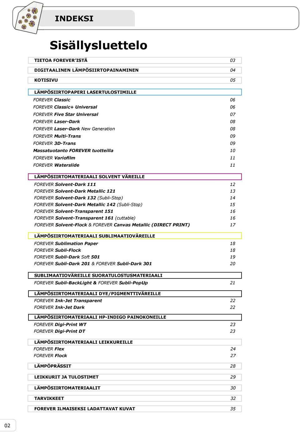 SOLVENT VÄREILLE FOREVER Solvent-Dark 111 12 FOREVER Solvent-Dark Metallic 121 13 FOREVER Solvent-Dark 132 (Subli-Stop) 14 FOREVER Solvent-Dark Metallic 142 (Subli-Stop) 15 FOREVER