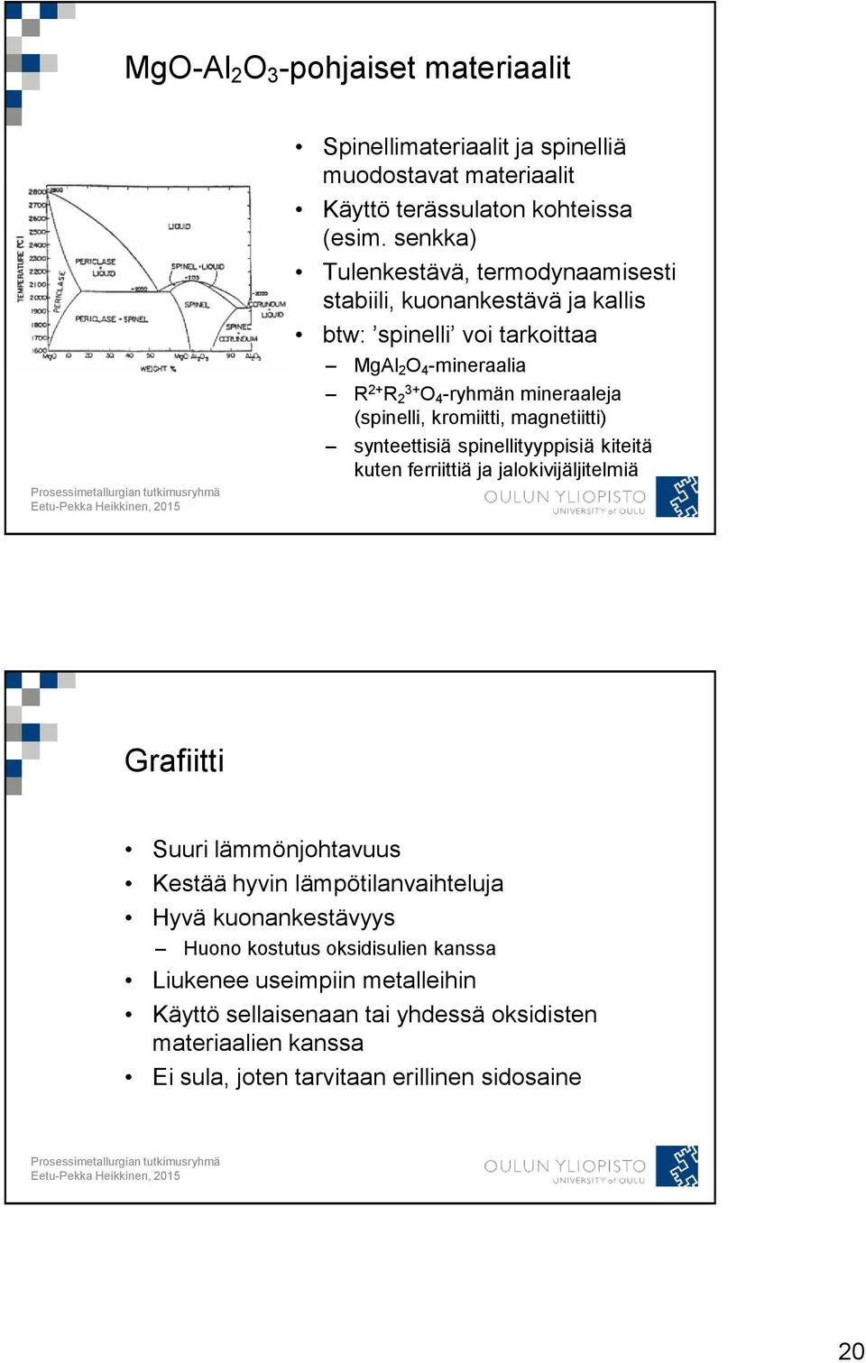 (spinelli, kromiitti, magnetiitti) synteettisiä spinellityyppisiä kiteitä kuten ferriittiä ja jalokivijäljitelmiä Grafiitti Suuri lämmönjohtavuus Kestää hyvin