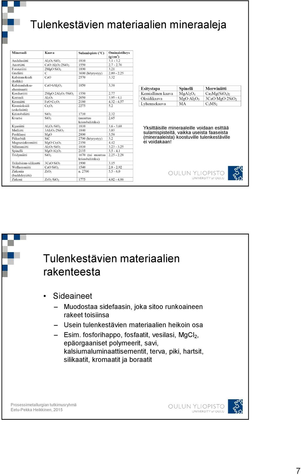 2012 Tulenkestävien materiaalien rakenteesta Sideaineet Muodostaa sidefaasin, joka sitoo runkoaineen rakeet toisiinsa Usein tulenkestävien