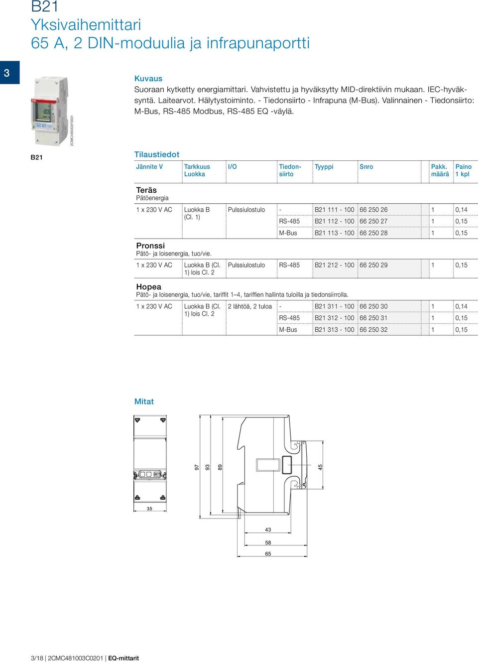 Paino määrä kpl Luokka B (Cl. ) Pulssiulostulo - B - 00 66 0 6 0,4 B - 00 66 0 7 0, B - 00 66 0 8 0, B - 00 66 0 9 0, Teräs Pätöenergia x 0 V AC Pronssi Pätö- ja loisenergia, tuo/vie.