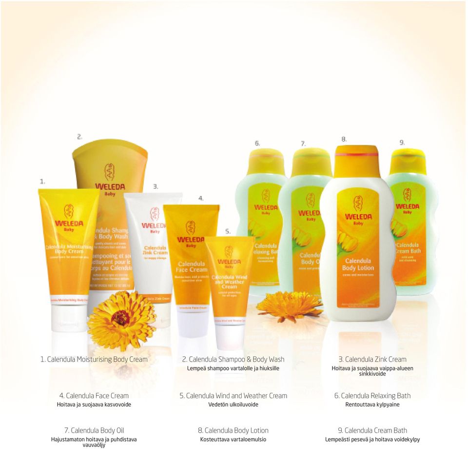 Calendula Wind and Weather Cream Vedetön ulkoiluvoide 6. Calendula Relaxing Bath Rentouttava kylpyaine 7.