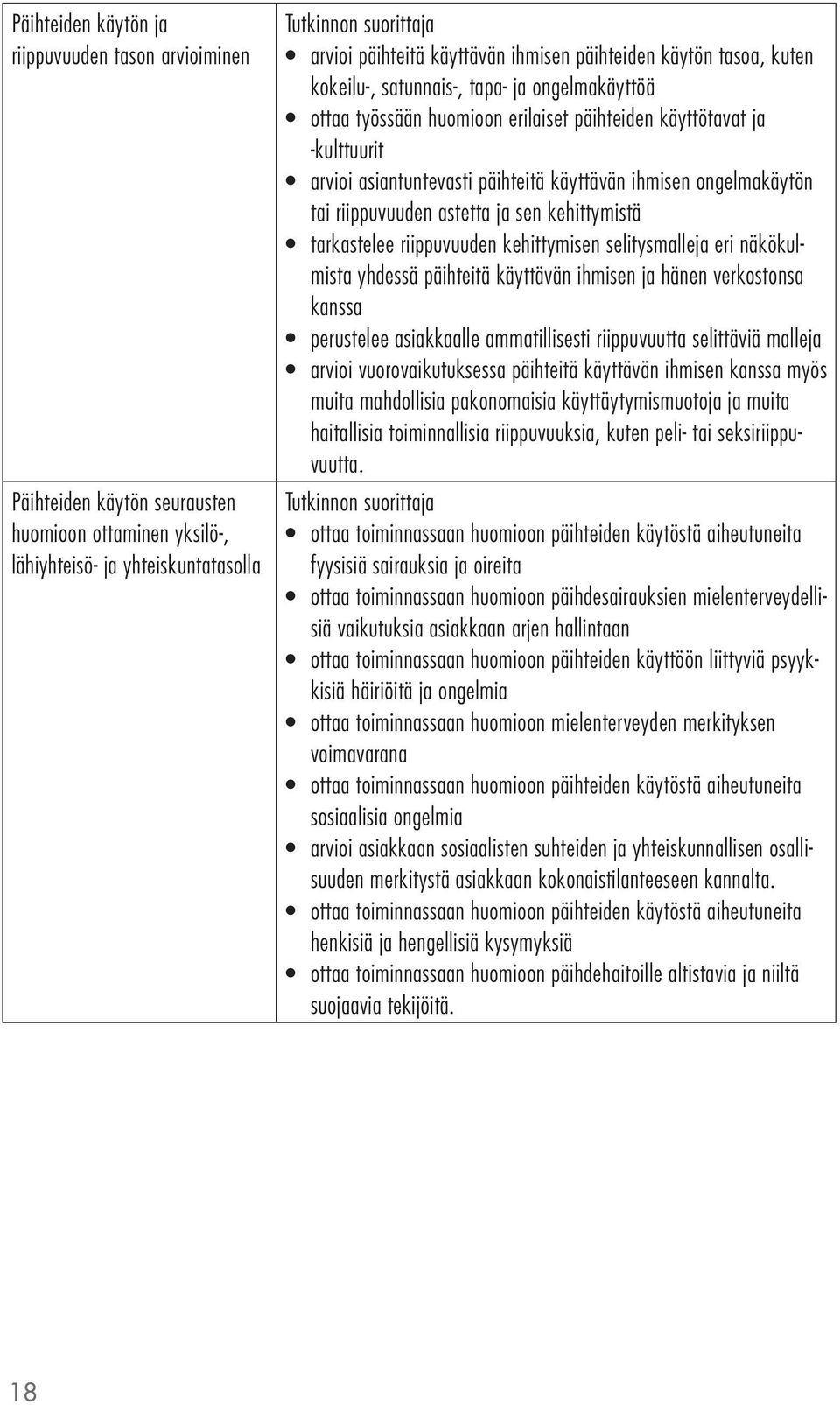 riippuvuuden astetta ja sen kehittymistä tarkastelee riippuvuuden kehittymisen selitysmalleja eri näkökulmista yhdessä päihteitä käyttävän ihmisen ja hänen verkostonsa kanssa perustelee asiakkaalle