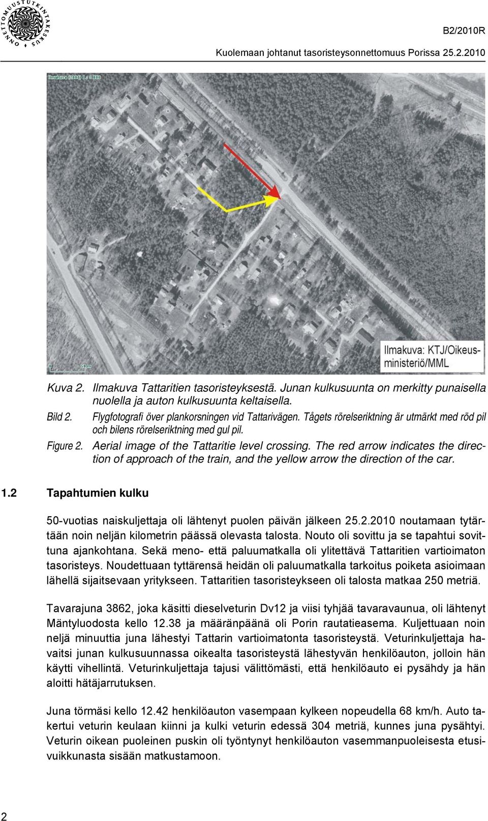 The red arrow indicates the direction of approach of the train, and the yellow arrow the direction of the car. 1.2 Tapahtumien kulku 50-vuotias naiskuljettaja oli lähtenyt puolen päivän jälkeen 25.2.2010 noutamaan tytärtään noin neljän kilometrin päässä olevasta talosta.