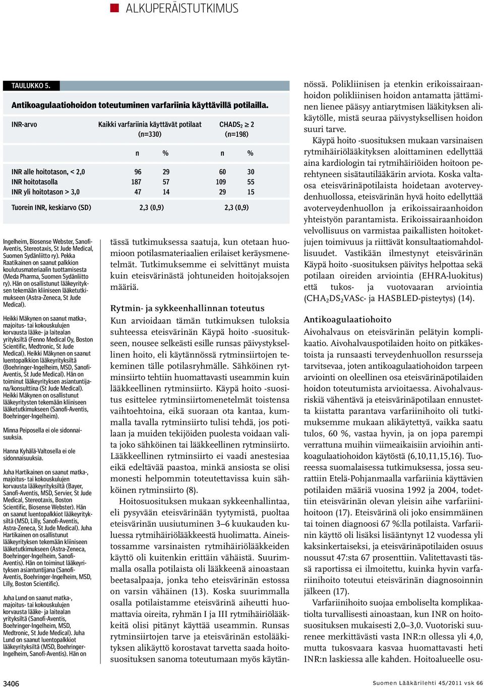 INR, keskiarvo (SD) 2,3 (0,9) 2,3 (0,9) Ingelheim, Biosense Webster, Sanofi- Aventis, Stereotaxis, St Jude Medical, Suomen Sydänliitto ry).