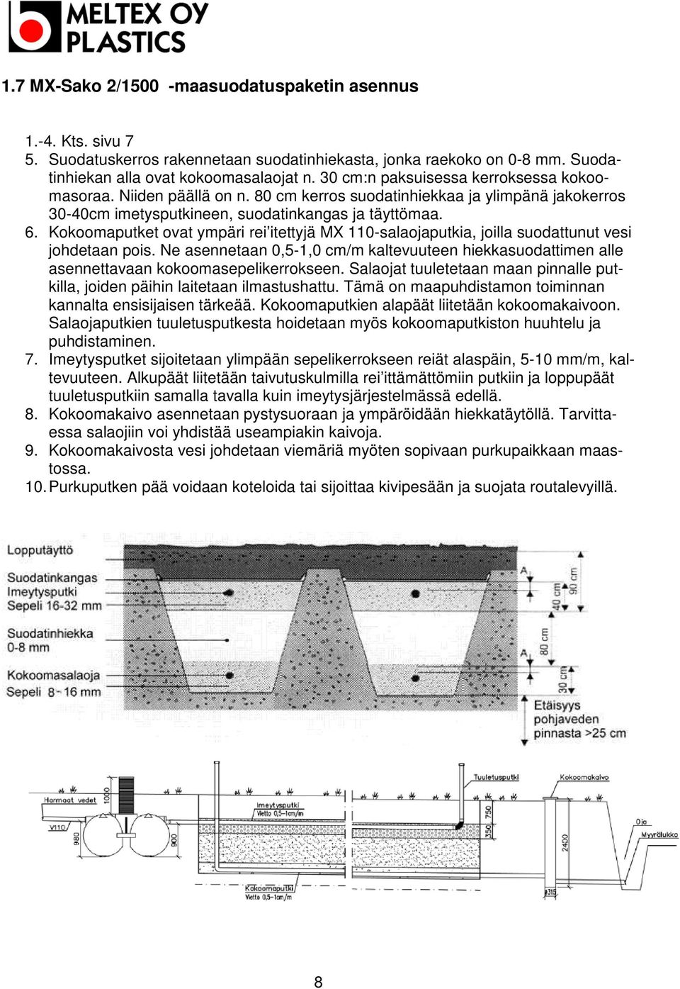 Kokoomaputket ovat ympäri rei itettyjä MX 110-salaojaputkia, joilla suodattunut vesi johdetaan pois.