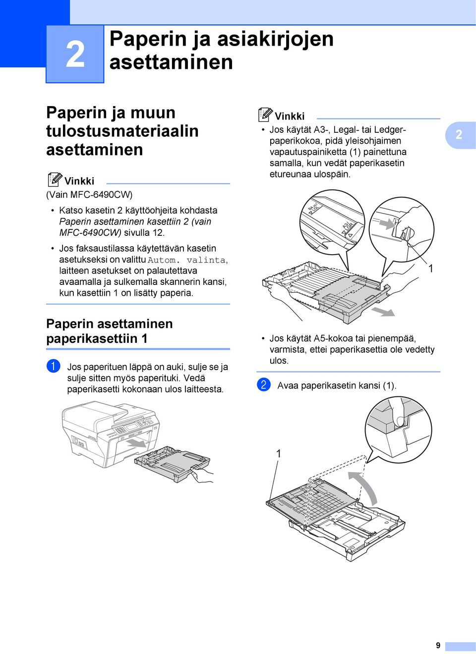 valinta, laitteen asetukset on palautettava avaamalla ja sulkemalla skannerin kansi, kun kasettiin 1 on lisätty paperia.