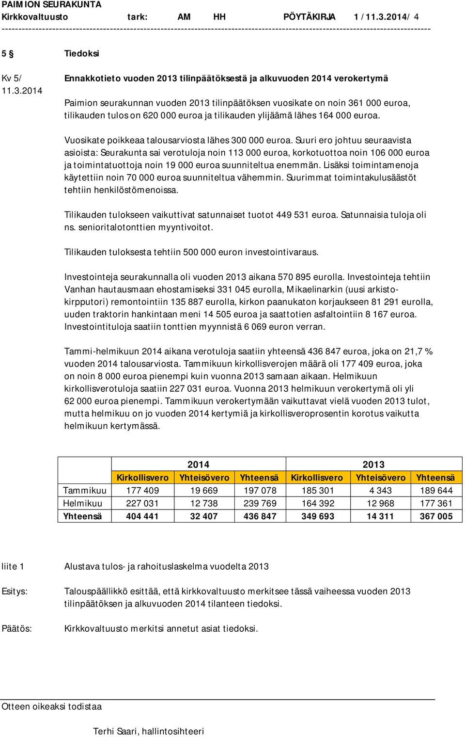 2014 Ennakkotieto vuoden 2013 tilinpäätöksestä ja alkuvuoden 2014 verokertymä Paimion seurakunnan vuoden 2013 tilinpäätöksen vuosikate on noin 361 000 euroa, tilikauden tulos on 620 000 euroa ja