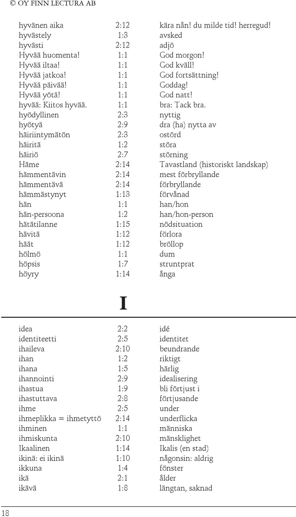 hyödyllinen 2:3 nyttig hyötyä 2:9 dra (ha) nytta av häiriintymätön 2:3 ostörd häiritä 1:2 störa häiriö 2:7 störning Häme 2:14 Tavastland (historiskt landskap) hämmentävin 2:14 mest förbryllande