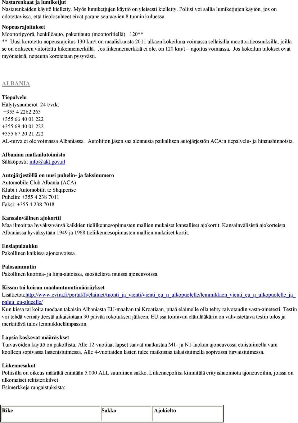 Nopeusrajoitukset Moottoripyörä, henkilöauto, pakettiauto (moottoritiellä) 120** ** Uusi korotettu nopeusrajoitus 130 km/t on maaliskuusta 2011 alkaen kokeiluna voimassa sellaisilla