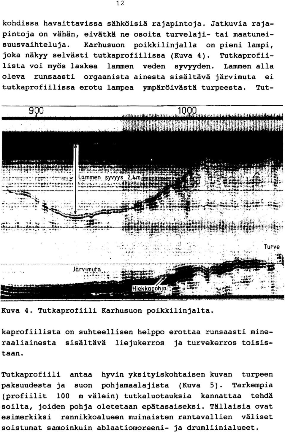 Lammen alla oleva runsaasti orgaanista ainesta sisältävä järvimuta ei tutkaprofiilissa erotu lampea ympäröivästä turpeesta. Tut- ~: ';.~+'~::';';:";~:~ '~~'--'~';;,..;... ;;.. ",~"" :;,.t;;".