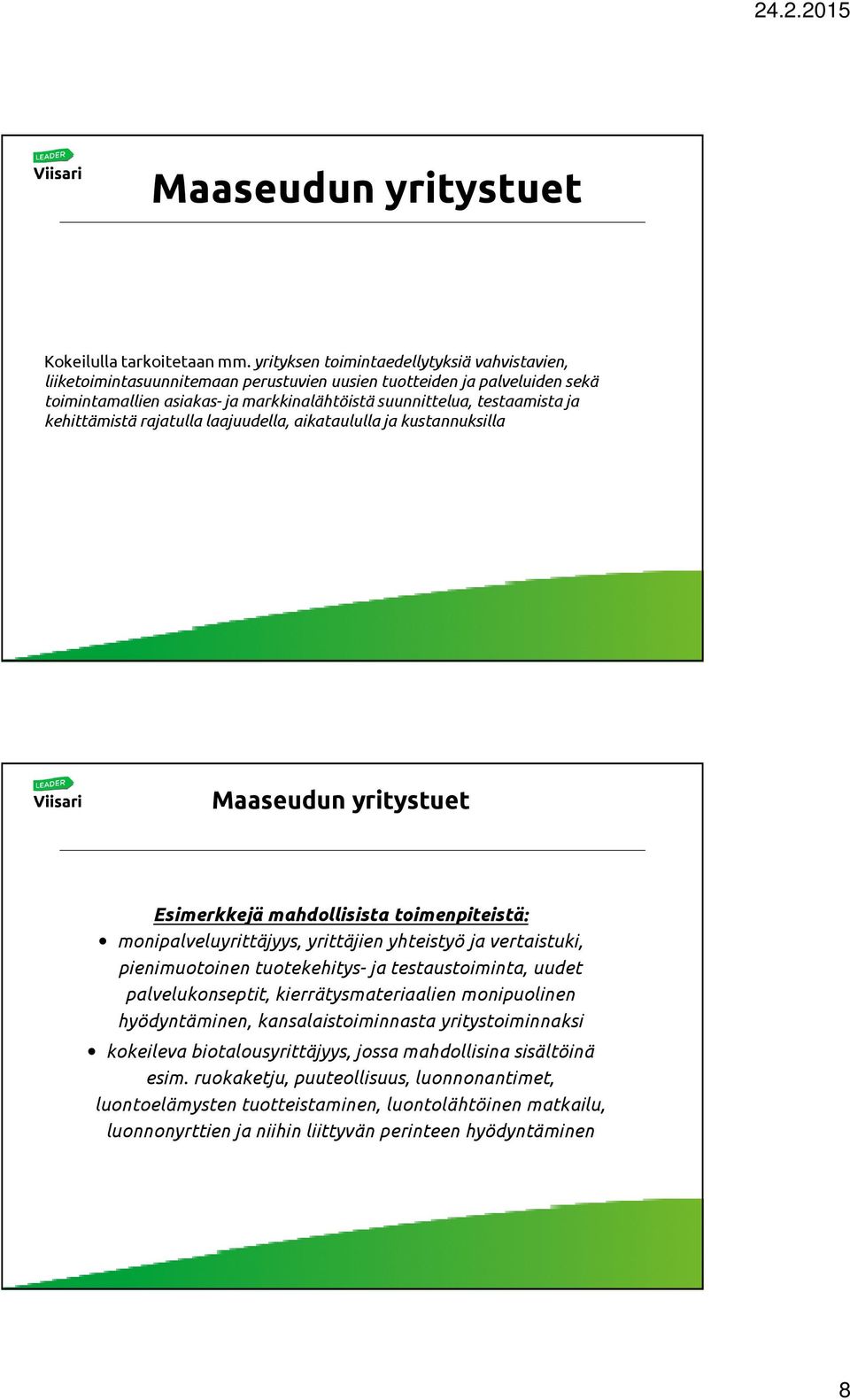 kehittämistä rajatulla laajuudella, aikataululla ja kustannuksilla Esimerkkejä mahdollisista toimenpiteistä: monipalveluyrittäjyys, yrittäjien yhteistyö ja vertaistuki, pienimuotoinen