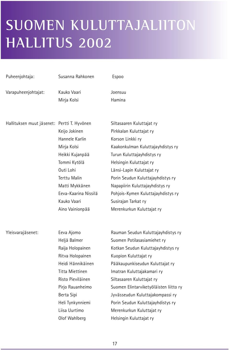 Pirkkalan Kuluttajat ry Korson Linkki ry Kaakonkulman Kuluttajayhdistys ry Turun Kuluttajayhdistys ry Helsingin Kuluttajat ry Länsi-Lapin Kuluttajat ry Porin Seudun Kuluttajayhdistys ry Napapiirin