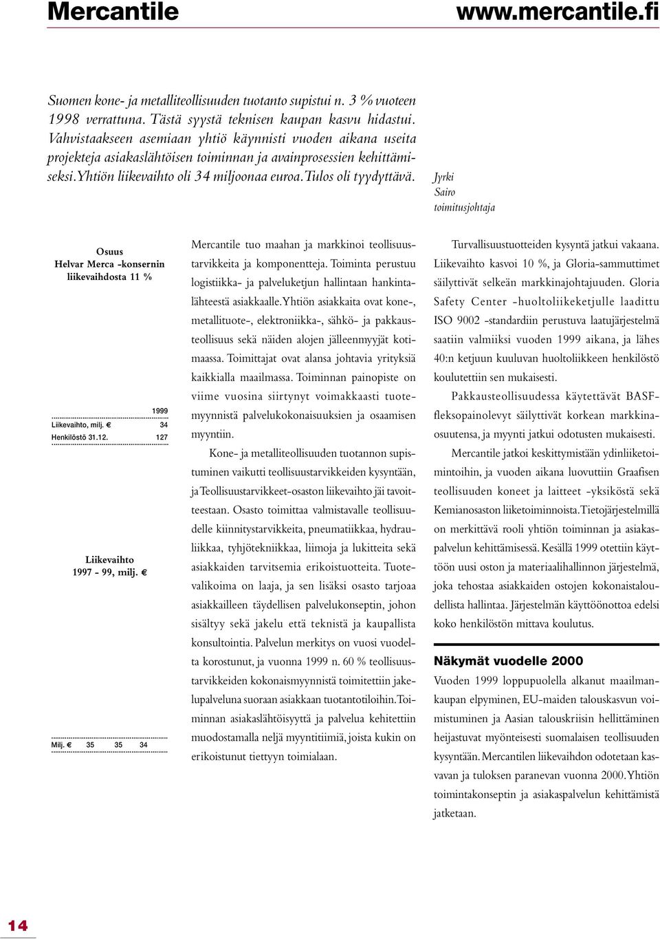Jyrki Sairo toimitusjohtaja Osuus Helvar Merca -konsernin liikevaihdosta 11 % 1999 Liikevaihto, milj. 34 Henkilöstö 31.12. 127 Liikevaihto 1997-99, milj. Milj.
