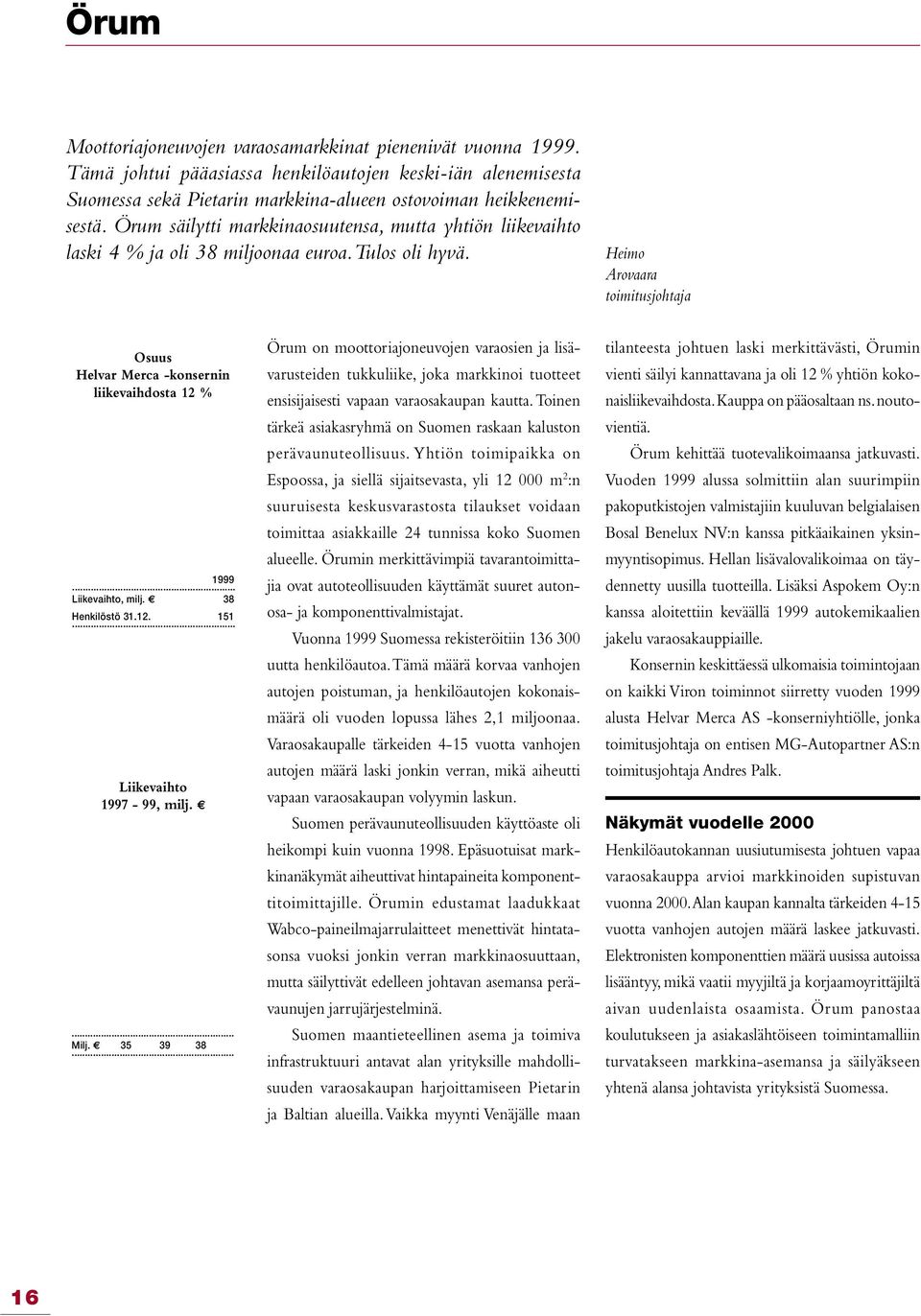 Heimo Arovaara toimitusjohtaja Osuus Helvar Merca -konsernin liikevaihdosta 12 % 1999 Liikevaihto, milj. 38 Henkilöstö 31.12. 151 Liikevaihto 1997-99, milj. Milj.
