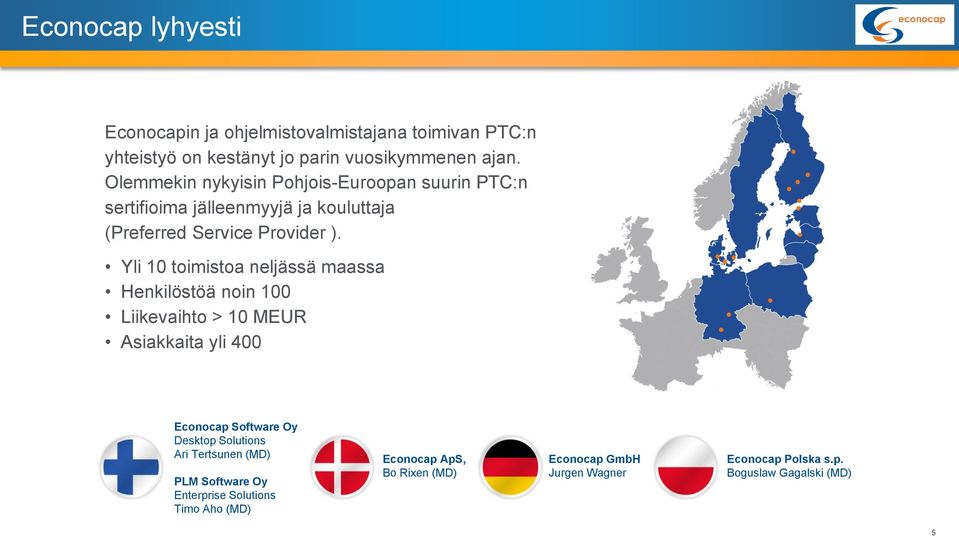 Yli 10 toimistoa neljässä maassa Henkilöstöä noin 100 Liikevaihto > 10 MEUR Asiakkaita yli 400 Econocap Software Oy Desktop Solutions