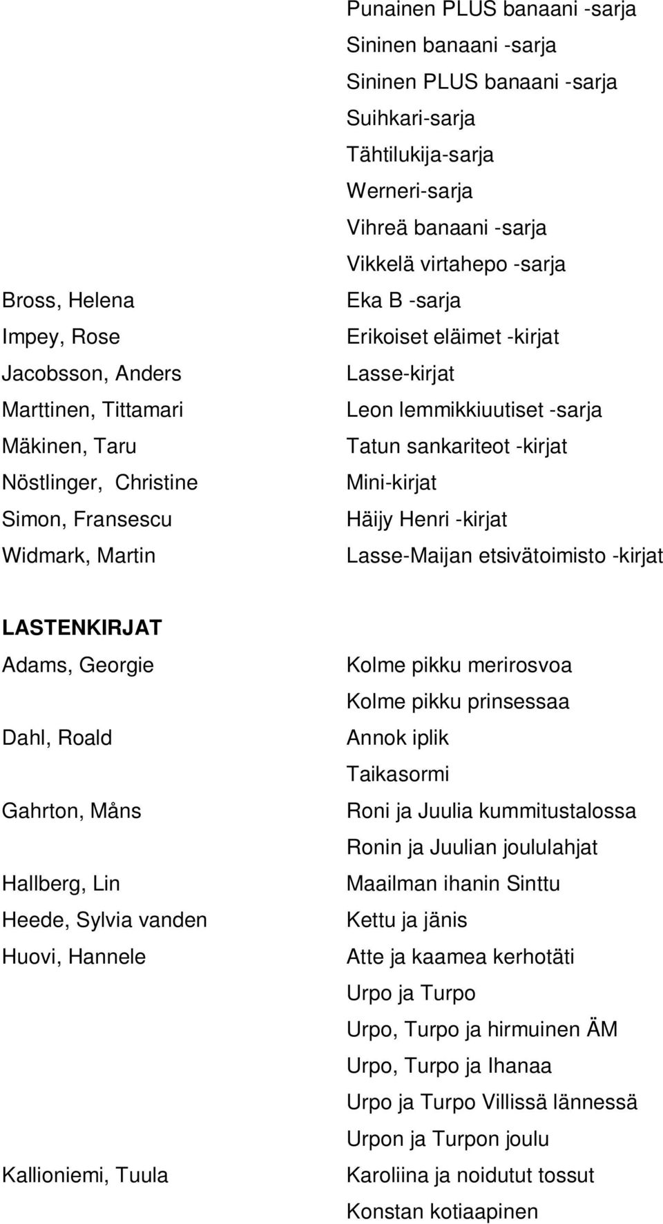 sankariteot -kirjat Mini-kirjat Häijy Henri -kirjat Lasse-Maijan etsivätoimisto -kirjat LASTENKIRJAT Adams, Georgie Dahl, Roald Gahrton, Måns Hallberg, Lin Heede, Sylvia vanden Huovi, Hannele