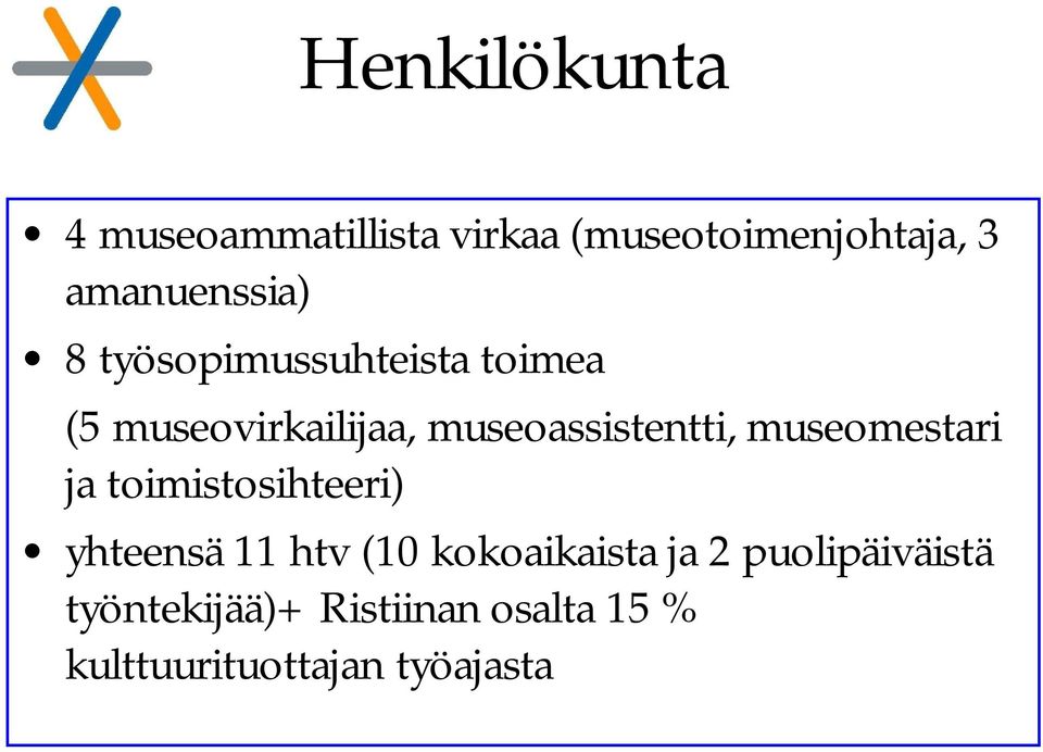 museoassistentti, museomestari ja toimistosihteeri) yhteensä 11 htv (10