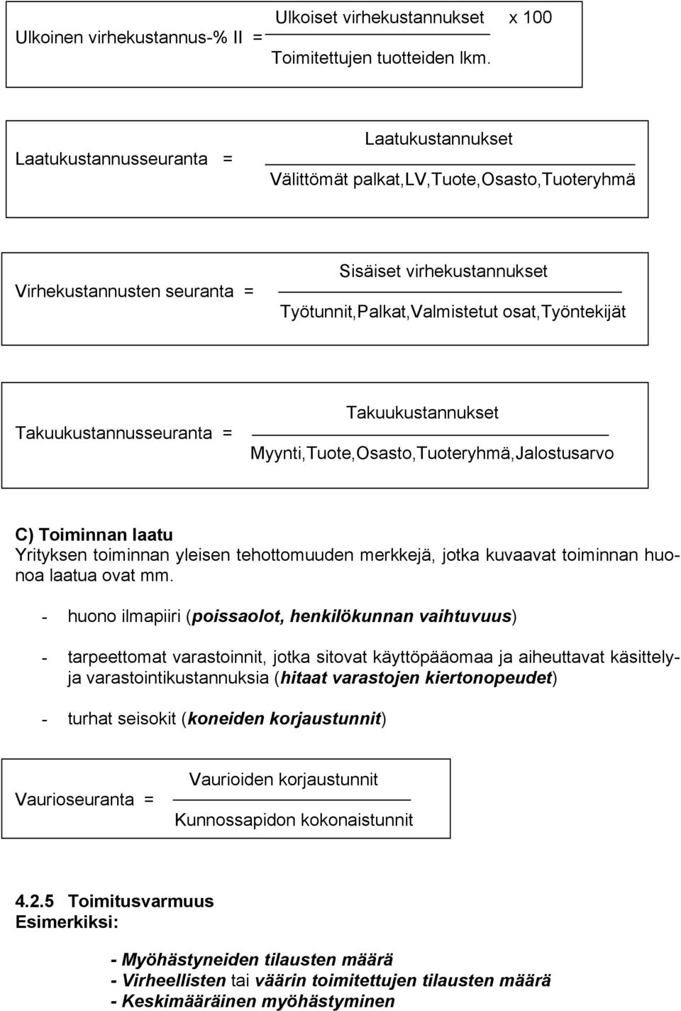 Takuukustannusseuranta = Takuukustannukset Myynti,Tuote,Osasto,Tuoteryhmä,Jalostusarvo C) Toiminnan laatu Yrityksen toiminnan yleisen tehottomuuden merkkejä, jotka kuvaavat toiminnan huonoa laatua