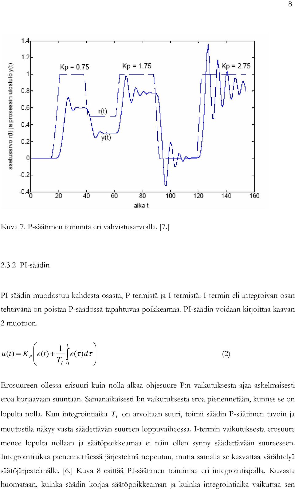 t 1 u( t) = K P e( t) + e( τ ) dτ (2) TI 0 Erosuureen ollessa erisuuri kuin nolla alkaa ohjesuure P:n vaikutuksesta ajaa askelmaisesti eroa korjaavaan suuntaan.