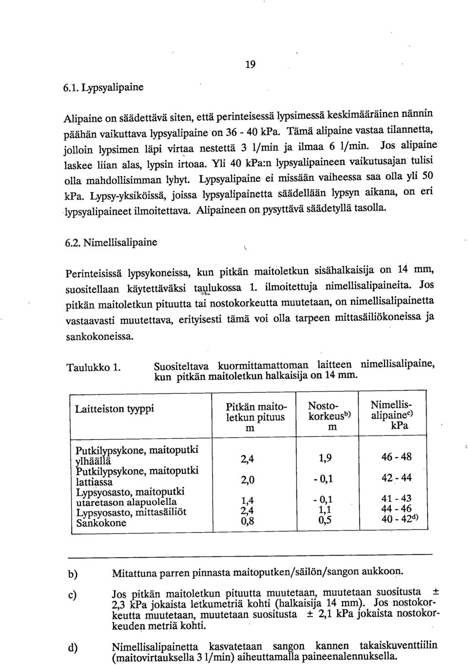 Yli 40 Icl'a:n lypsyalipaineen vaikutusajan tulisi olla mahdollisimman lyhyt. Lypsyalipaine ei missään vaiheessa saa olla yli 50 kpa.