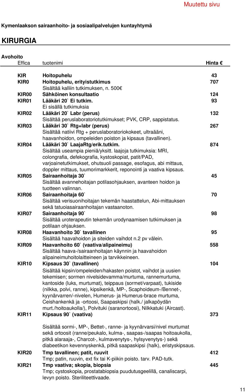 KIR03 Lääkäri 30` Rtg+labr (perus) 267 Sisältää natiivi Rtg + peruslaboratoriokokeet, ultraääni, haavanhoidon, ompeleiden poiston ja kipsaus (tavallinen). KIR04 Lääkäri 30` LaajaRtg/erik.tutkim.