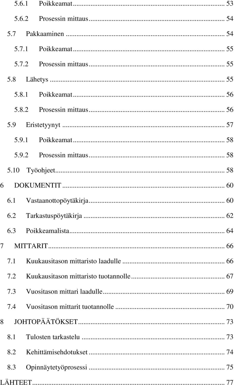 .. 62 6.3 Poikkeamalista... 64 7 MITTARIT... 66 7.1 Kuukausitason mittaristo laadulle... 66 7.2 Kuukausitason mittaristo tuotannolle... 67 7.3 Vuositason mittari laadulle... 69 7.