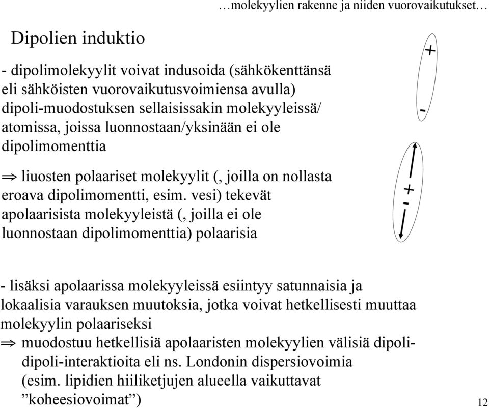 vesi) tekevät apolaarisista molekyyleistä (, joilla ei ole luonnostaan dipolimomenttia) polaarisia + - - lisäksi apolaarissa molekyyleissä esiintyy satunnaisia ja lokaalisia varauksen muutoksia,