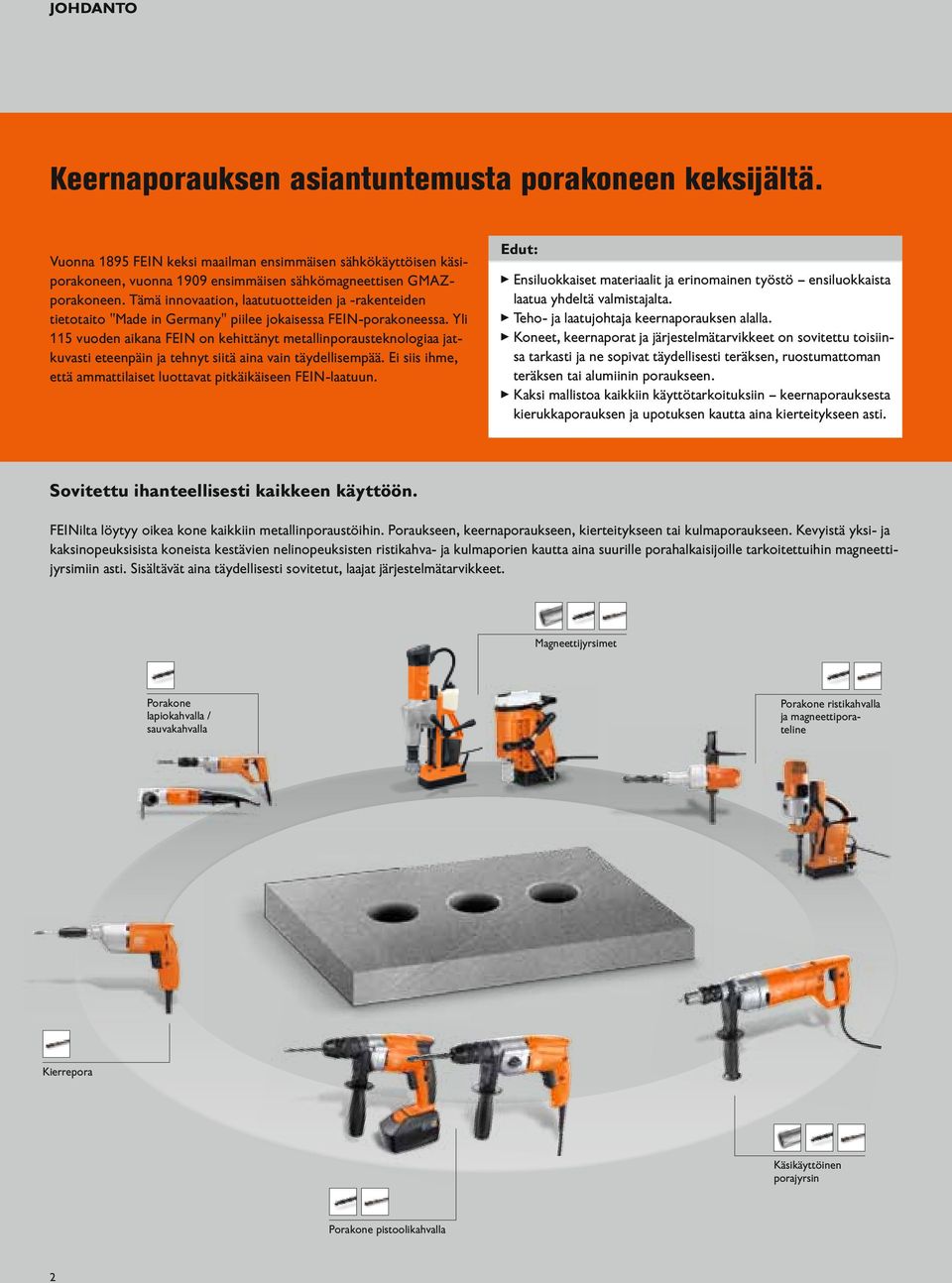 Yli 115 vuoden aikana FEIN on kehittänyt metallinporausteknologiaa jatkuvasti eteenpäin ja tehnyt siitä aina vain täydellisempää. Ei siis ihme, että aattilaiset luottavat pitkäikäiseen FEIN-laatuun.