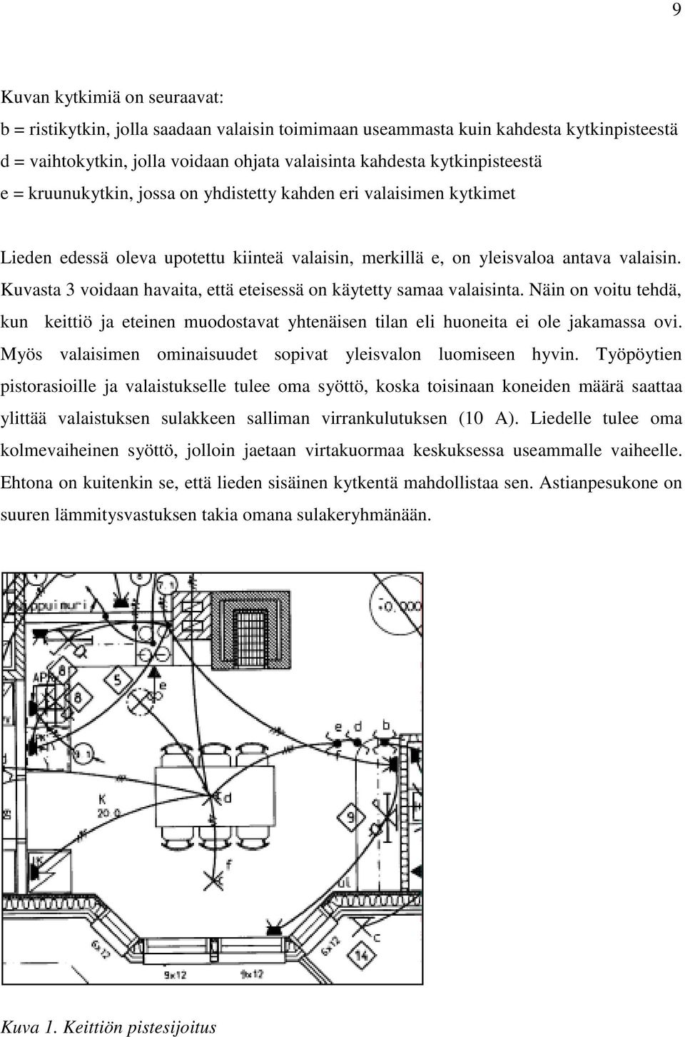 Kuvasta 3 voidaan havaita, että eteisessä on käytetty samaa valaisinta. Näin on voitu tehdä, kun keittiö ja eteinen muodostavat yhtenäisen tilan eli huoneita ei ole jakamassa ovi.