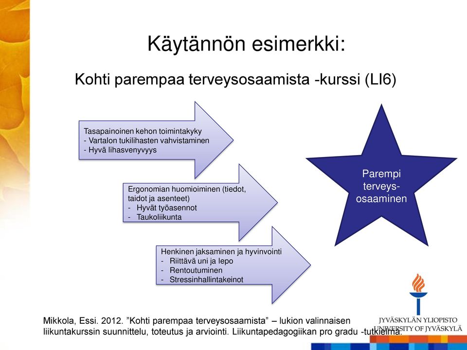 terveysosaaminen Henkinen jaksaminen ja hyvinvointi - Riittävä uni ja lepo - Rentoutuminen - Stressinhallintakeinot Mikkola, Essi.