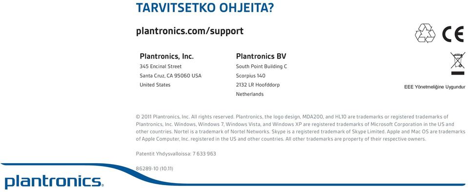 All rights reserved. Plantronics, the logo design, MDA200, and HL10 are trademarks or registered trademarks of Plantronics, Inc.