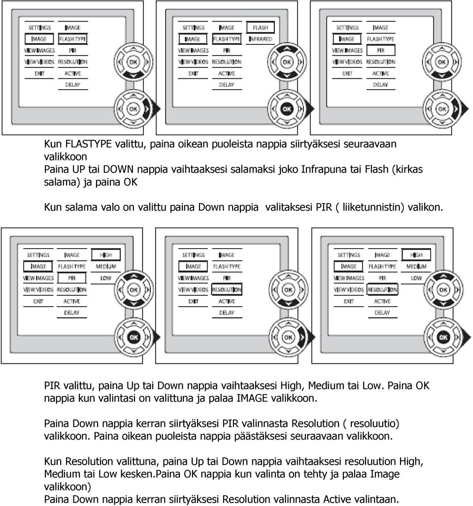 Paina OK nappia kun valintasi on valittuna ja palaa IMAGE valikkoon. Paina Down nappia kerran siirtyäksesi PIR valinnasta Resolution ( resoluutio) valikkoon.