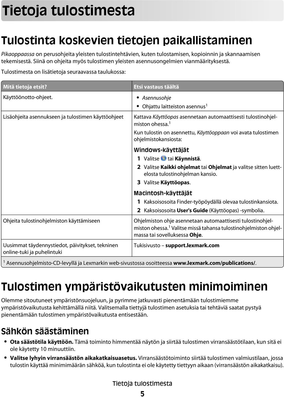 Lisäohjeita asennukseen ja tulostimen käyttöohjeet Etsi vastaus täältä Asennusohje Ohjattu laitteiston asennus 1 Kattava Käyttöopas asennetaan automaattisesti tulostinohjelmiston ohessa.