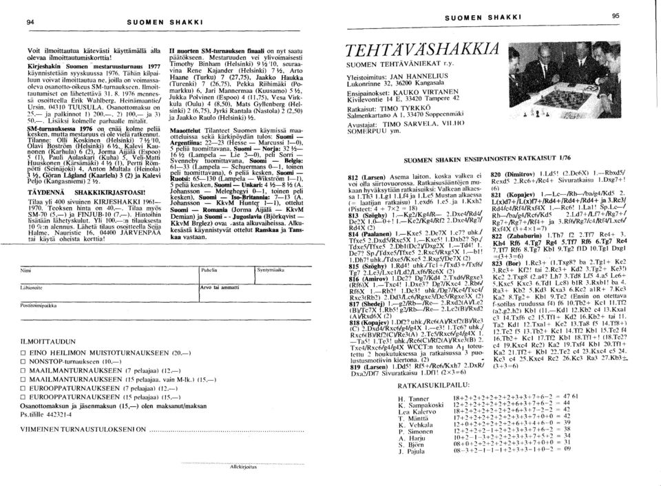 04310 TUUSULA. Osanottomaksu on ~S.- ja 'palk~nnot 1) ~OO.-. 2) 100.- ja 3) SO.-. Llsaksl kolmelle parhaalle mitalit. SM-turnauksessa 1976 on enää kolme peliä k~sken.