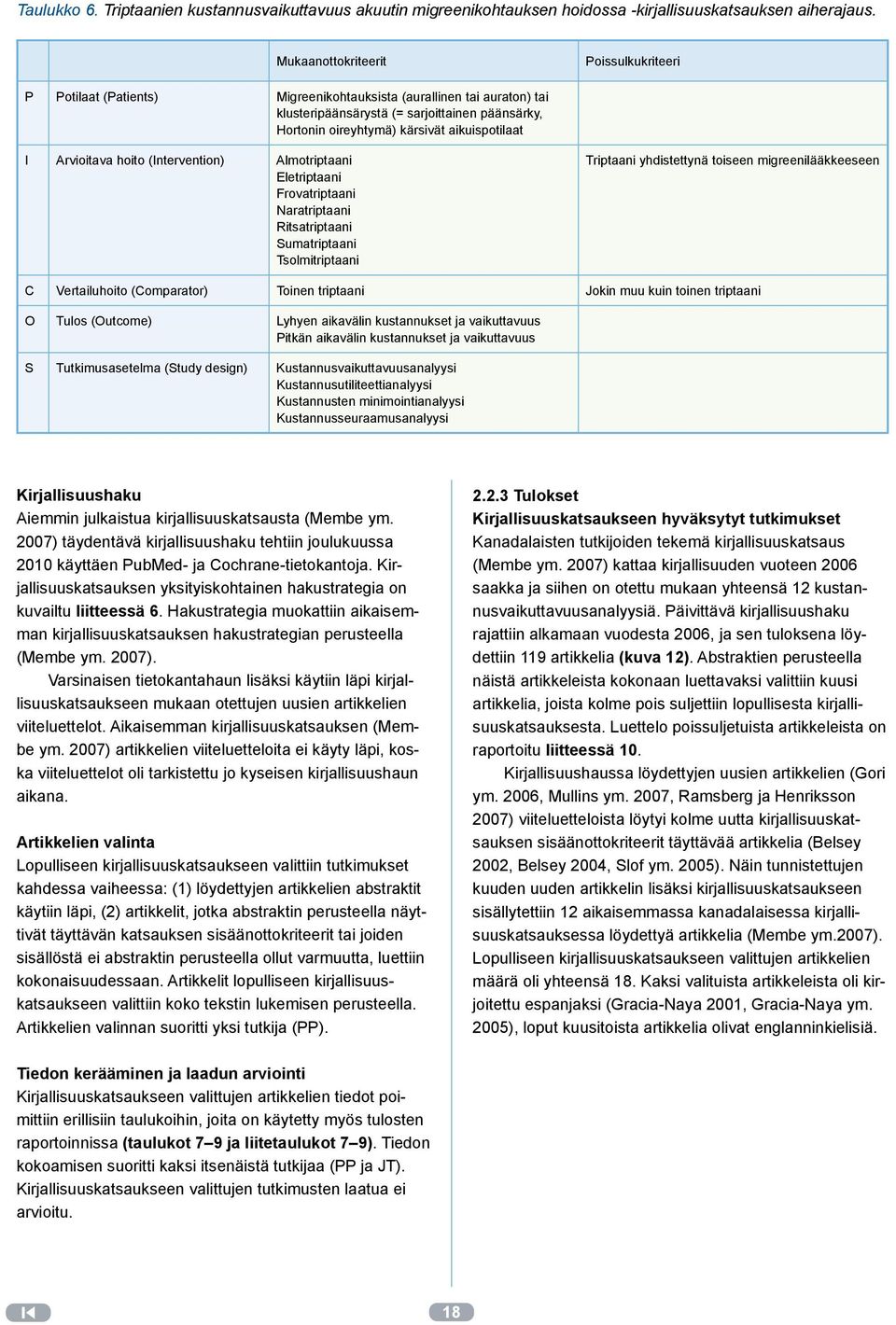 aikuispotilaat I Arvioitava hoito (Intervention) Almotriptaani Eletriptaani Frovatriptaani Naratriptaani Ritsatriptaani Sumatriptaani Tsolmitriptaani Triptaani yhdistettynä toiseen