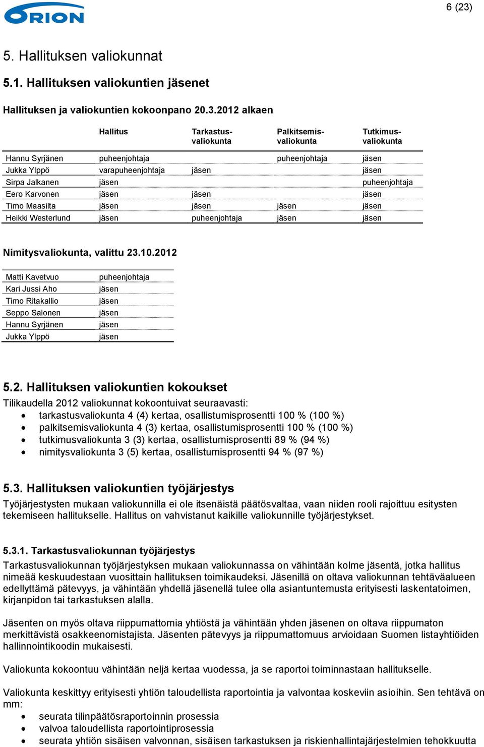 2012 alkaen Hallitus Tarkastusvaliokunta Palkitsemisvaliokunta Tutkimusvaliokunta Hannu Syrjänen puheenjohtaja puheenjohtaja jäsen Jukka Ylppö varapuheenjohtaja jäsen jäsen Sirpa Jalkanen jäsen